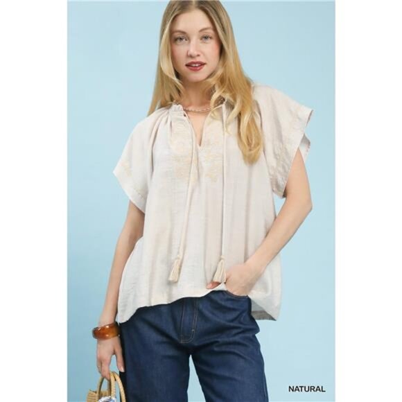 Umgee Tops - Umgee Embroidered Boho Blouse with Tassel Tie